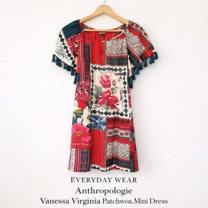 Anthro Vanessa Virginia Red Patchwork Tassel Boho Mini Dress XS